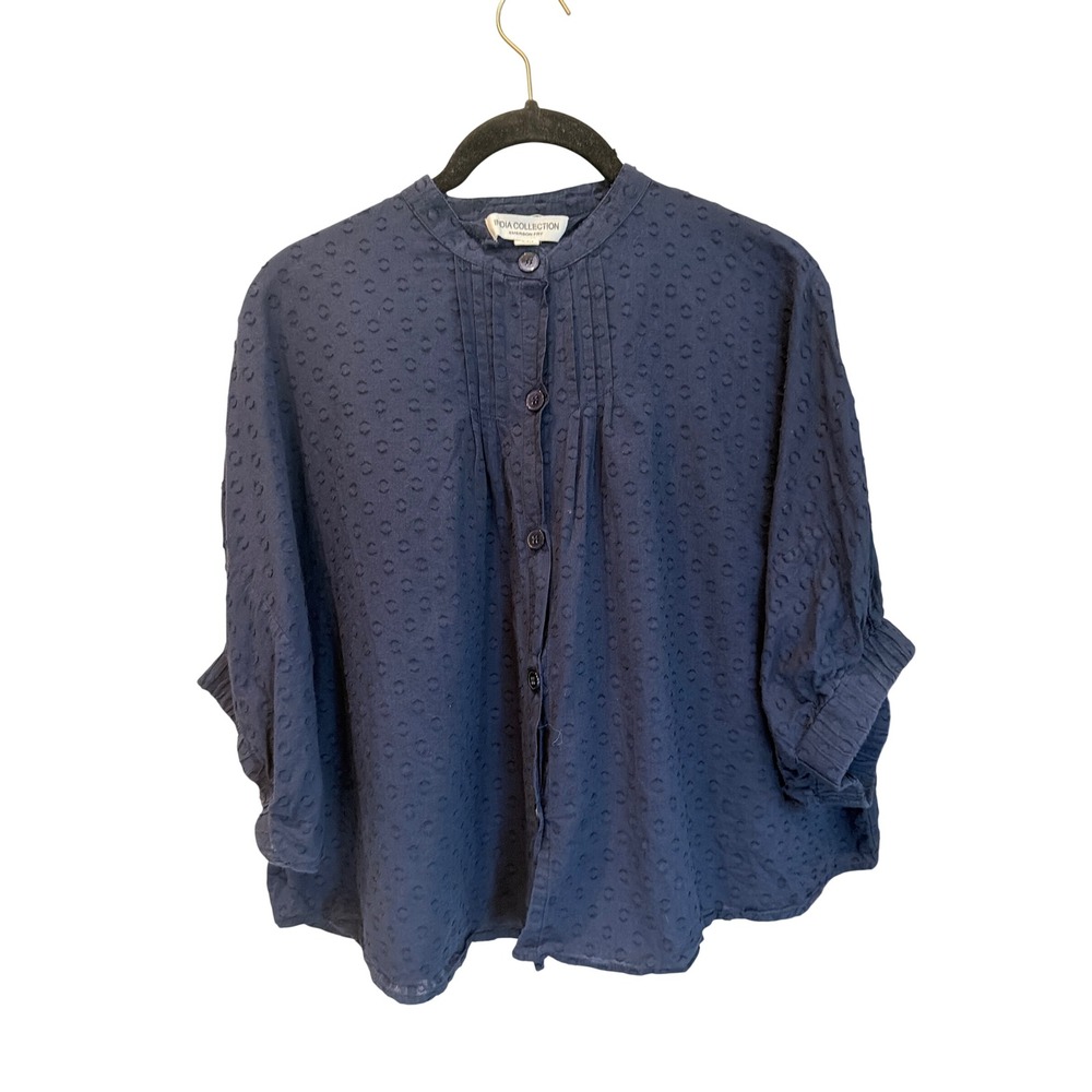Emerson Fry India Collection Navy Organic Cotton Dobby Dot Pintuck Blouse OS